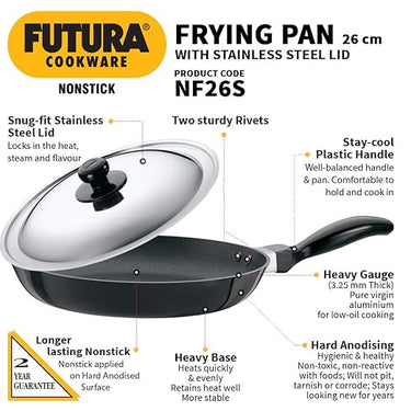 Futura 10-Inch Non-Stick Fry Pan with Lid – 1.5L Stainless Steel Cooking Pan (NF26S)